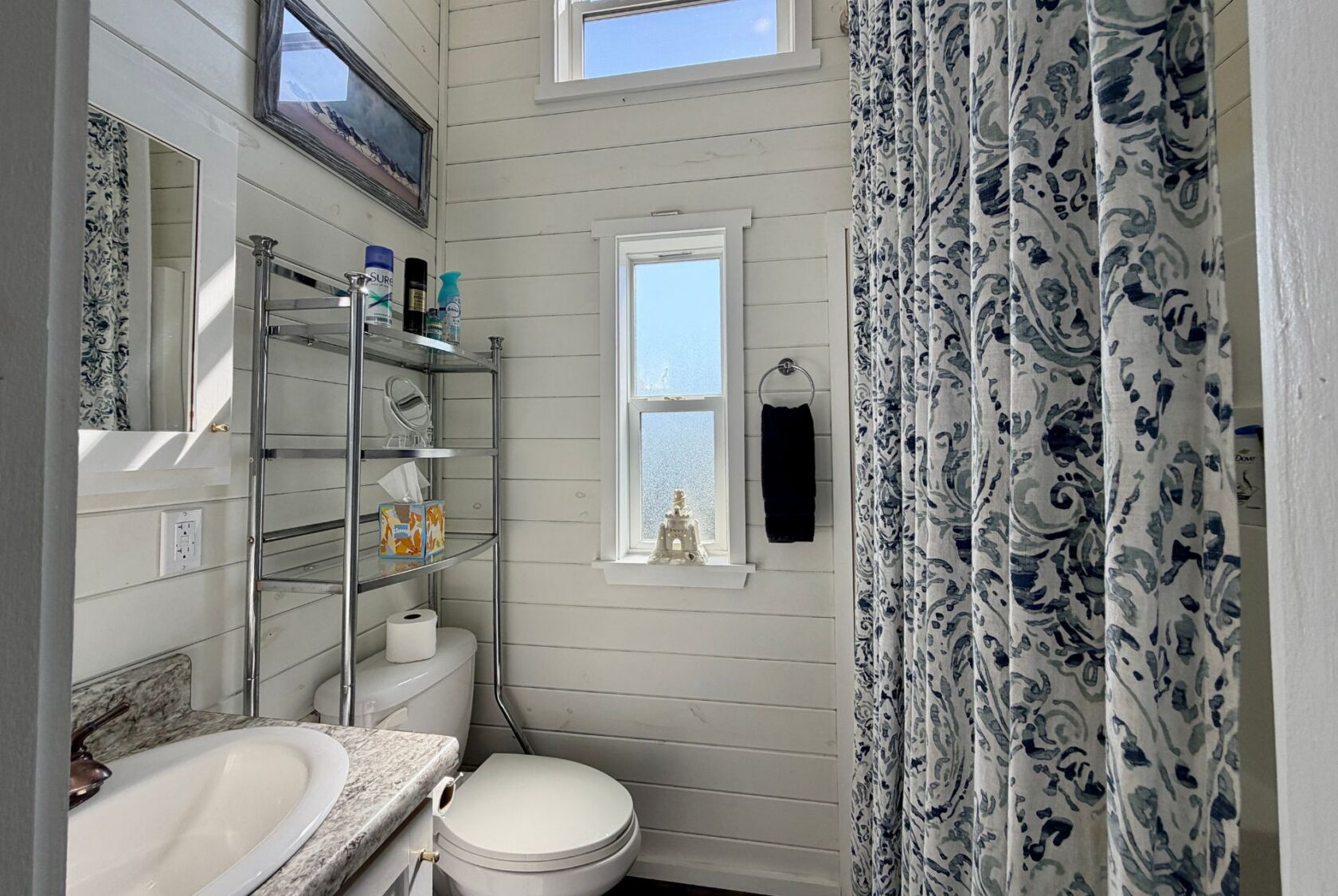 Small white bathroom on Drifting Brook Lane with patterned shower curtain, shelves above the toilet, and natural light.
