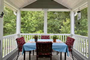 Screened porch on Mount Meadow Lane with blue-clothed table, four chairs, plants, and views of green trees.