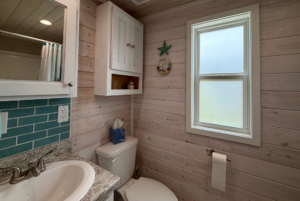 Small Mount Meadow Lane bathroom with light wood walls, a window, toilet, sink, mirror, and teal tile backsplash.