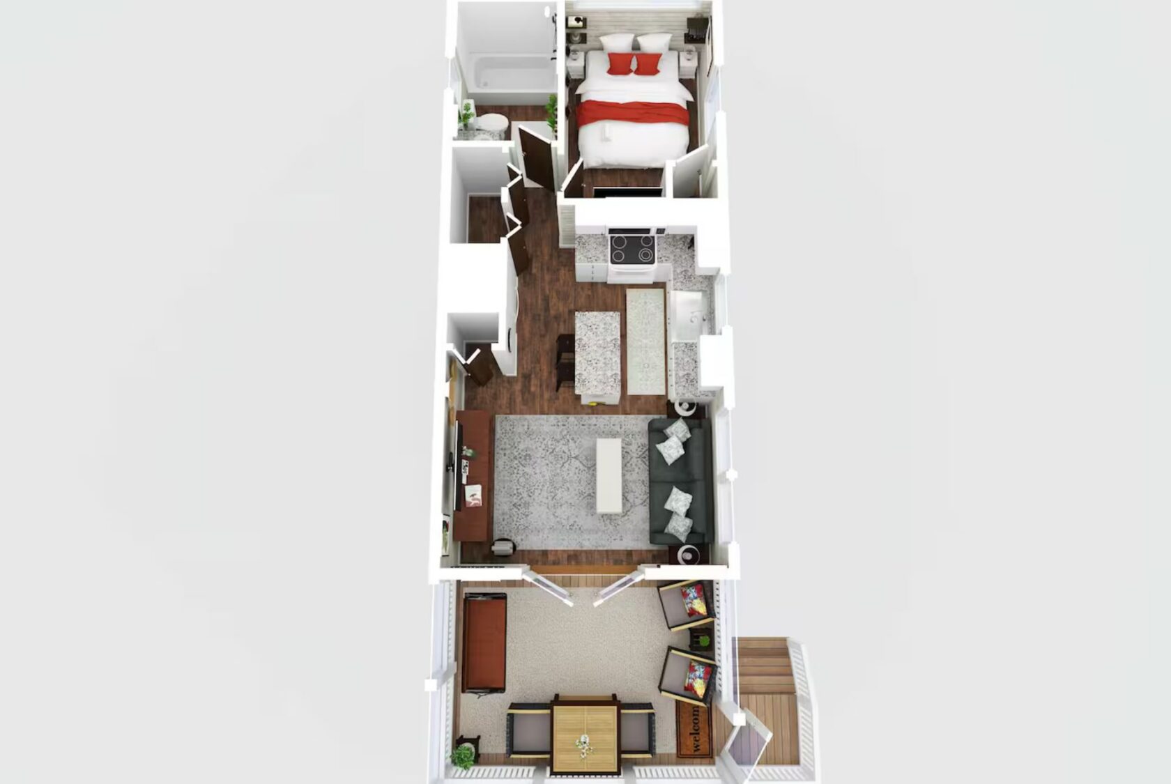 3D floor plan of 66 Empire Lane features bedroom, bathroom, kitchen, living room, entryway with porch and bookshelf.
