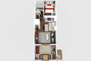 3D floor plan of 66 Empire Lane features bedroom, bathroom, kitchen, living room, entryway with porch and bookshelf.